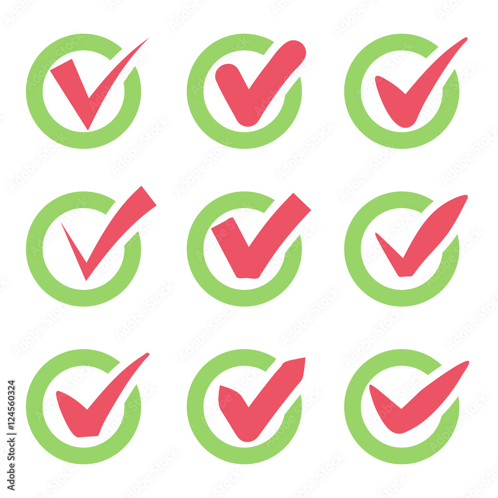 Check mark icons. Red tick check marks in green circles. Vector Check mark icons. Red tick check marks in green circles. Vector