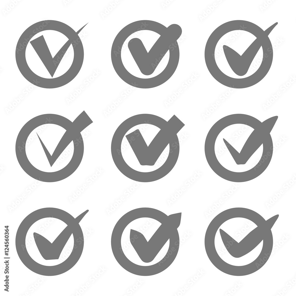 Check mark icons. Grey tick check marks in circles. Vector Check mark icons. Grey tick check marks in circles. Vector