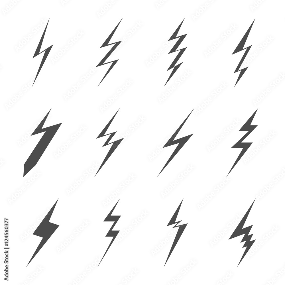 Lightning bolt icons. Black flat images on white background. Vector