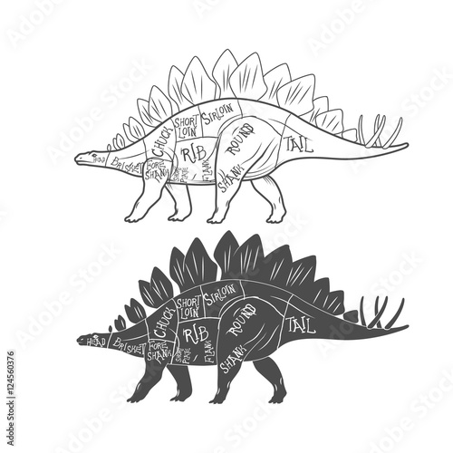 Dinosaurs illustration with cut scheme on white background. Vector