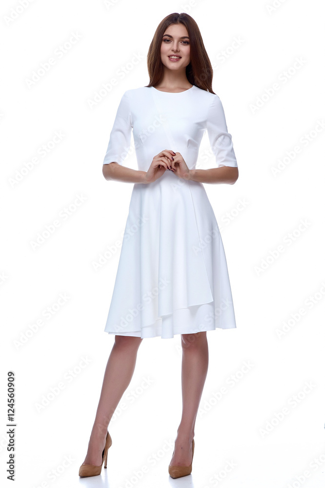 Woman in white short dress fashion catalog clothing beauty Woman in white short dress fashion catalog clothing beauty