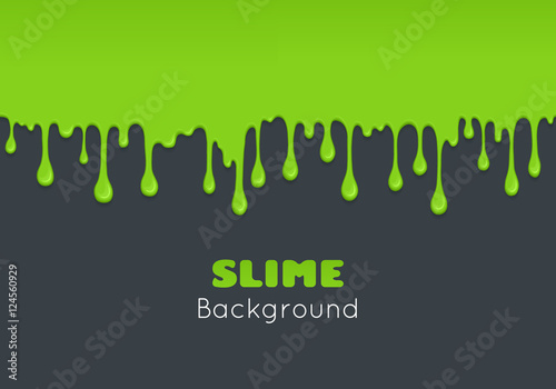 Background of dribble slime. Flowing green sticky liquid. Melted paint drips and flowing. Vector halloween illustration with toxic blob on grey