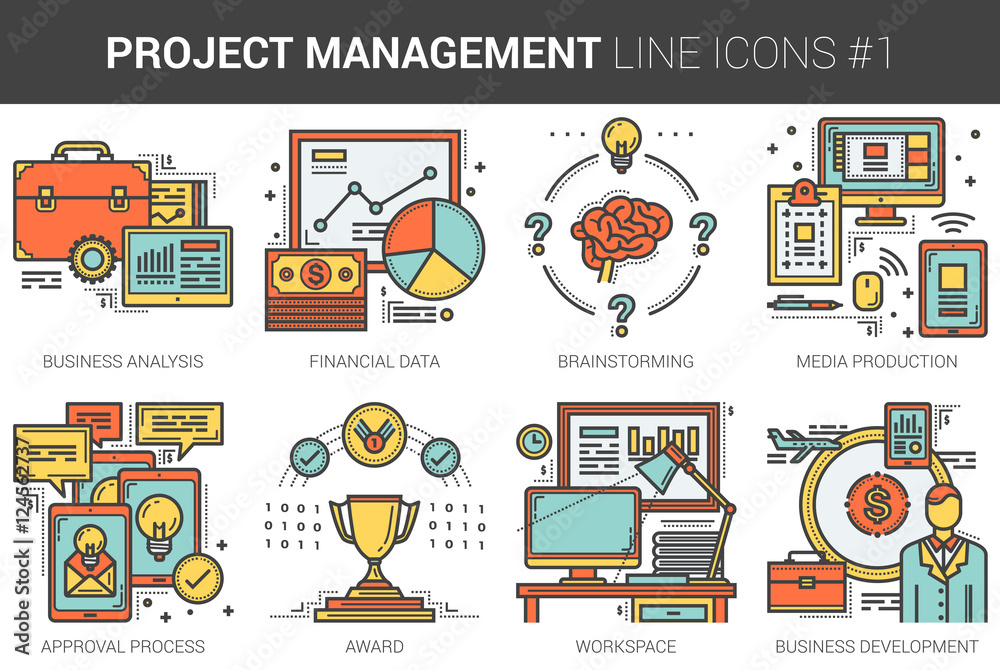 Obraz premium Project management line icon set.