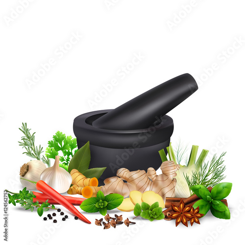 Spices and herbs with mortar and pestle isolated white background