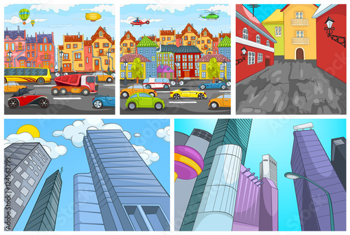 Vector cartoon set of city backgrounds.