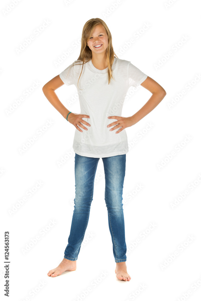 Young girl standing with white t-shirt and blue jeans over white Young girl standing with white t-shirt and blue jeans over white