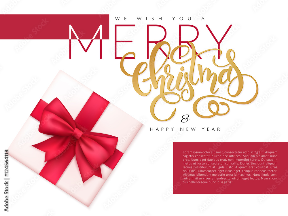 vector illustration of christmas banner with top view of gift with red ribbon and hand lettering word - christmas vector illustration of christmas banner with top view of gift with red ribbon and hand lettering word - christmas