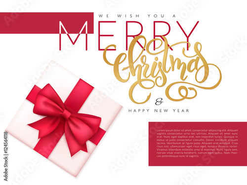 vector illustration of christmas banner with top view of gift with red ribbon and hand lettering word - christmas