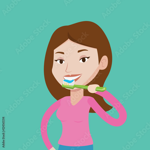Woman brushing her teeth vector illustration.