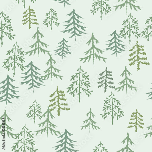 Vector seamless pattern. Green tree on light green background. Winter Christmas texture. Fir tree.