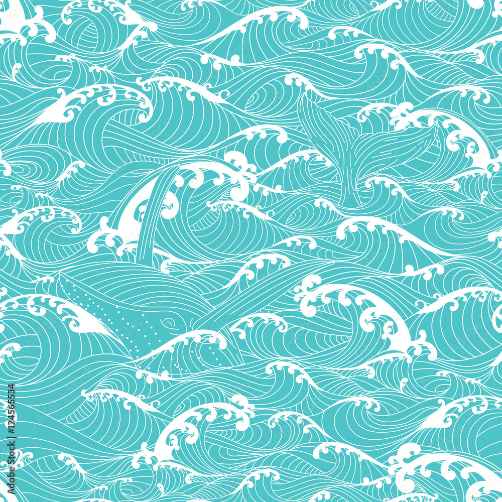 Obraz premium Wieloryb pływanie w falach oceanu, bezszwowe tło wzór