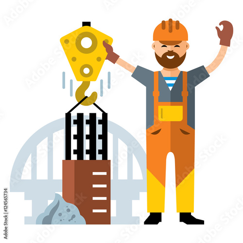 Vector Bridge construction. Flat style colorful Cartoon illustration.