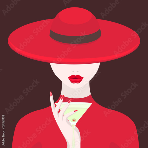 Woman in red hat and red dress with a glass in hand. The girl at the party. Vector illustration.