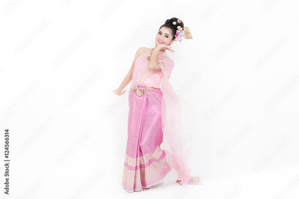 Woman costume Thailand shows a dance on a white background.