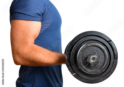 Man exercising biceps muscle with dumbbell on white background.