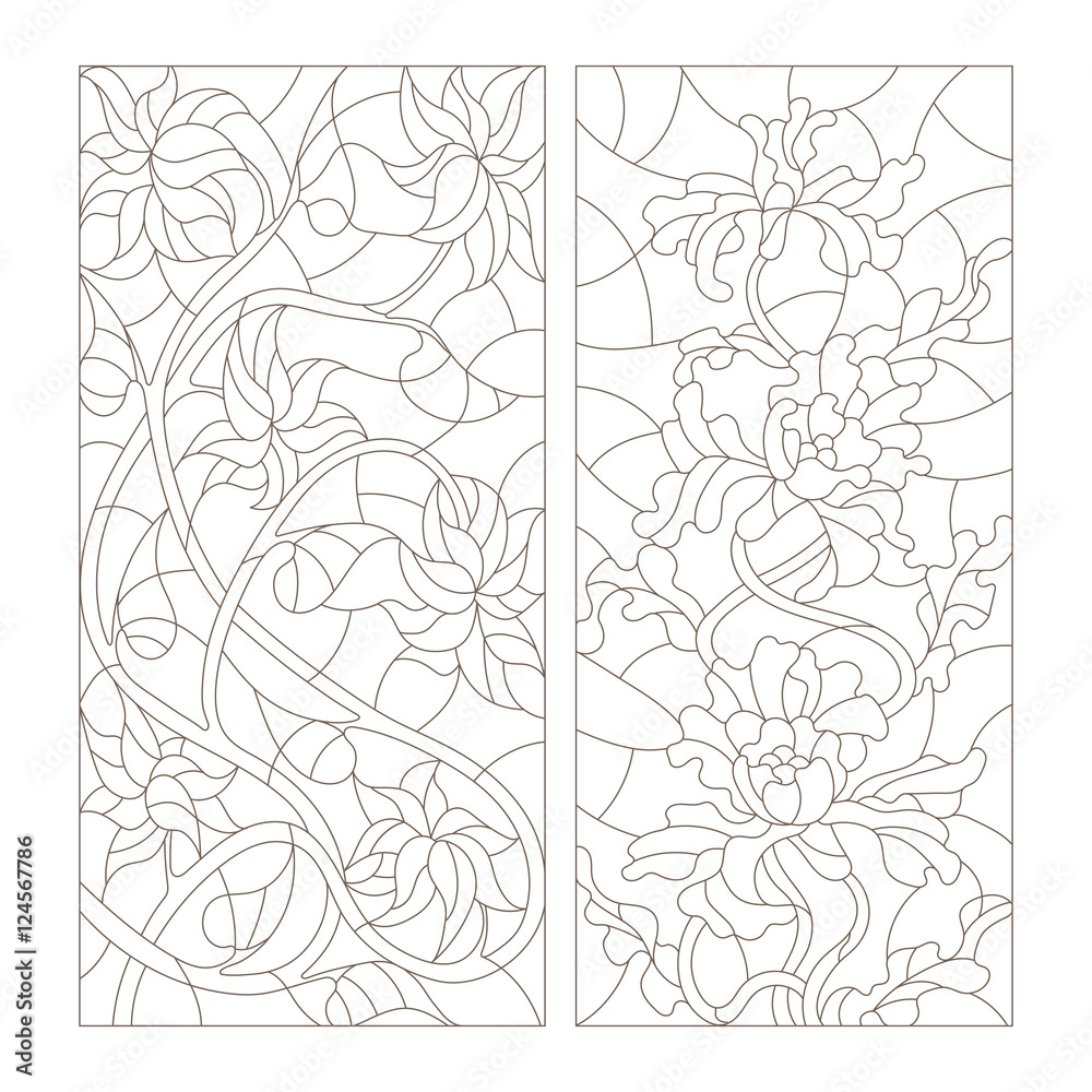 Set contour illustrations in the stained glass style, abstract flowers , dark outline on a white background