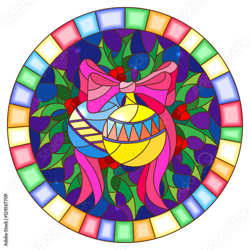 Illustration in stained glass style with Christmas toy and Holly branches  on a blue background, round picture frame