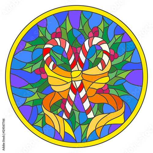 Illustration in stained glass style with lollipops Holly branches and bow on blue background, round picture frame