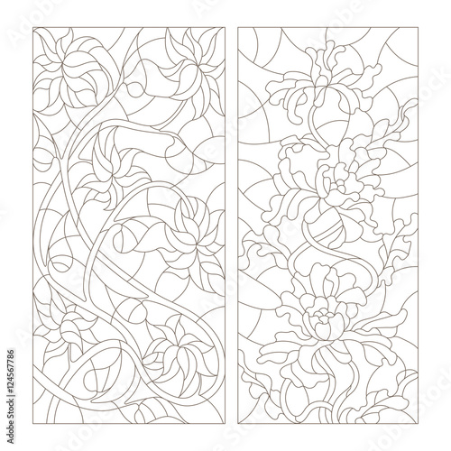 Set contour illustrations in the stained glass style, abstract flowers , dark outline on a white background