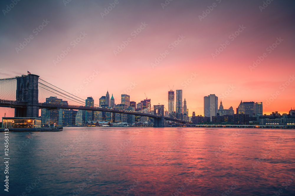 Brooklyn bridge and Manhattan at sunset, New York City Brooklyn bridge and Manhattan at sunset, New York City