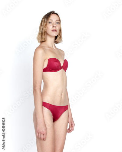 Standard model tests of young pretty woman on a white background
