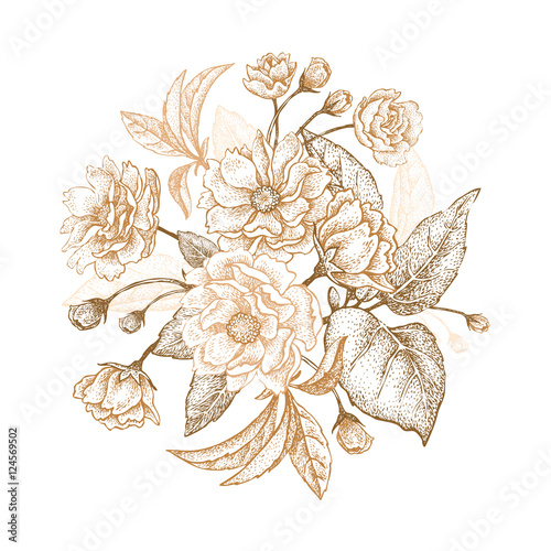 Holiday Luxury card for invitations, greetings. Hand drawing Chinese plum. The branches with leaves and flowers on a white background. Embroidery with golden threads. Vintage vector illustration.