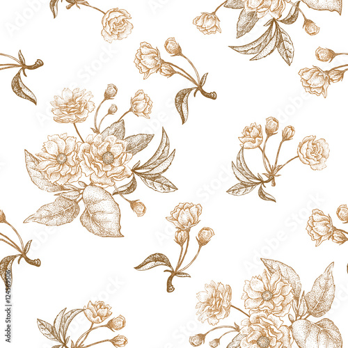 Gold embroidery on a white background. Vector illustration based on the Chinese luxury fabrics. Hand drawing of a flowering plum tree, flowers, branches and leaves. Vintage.