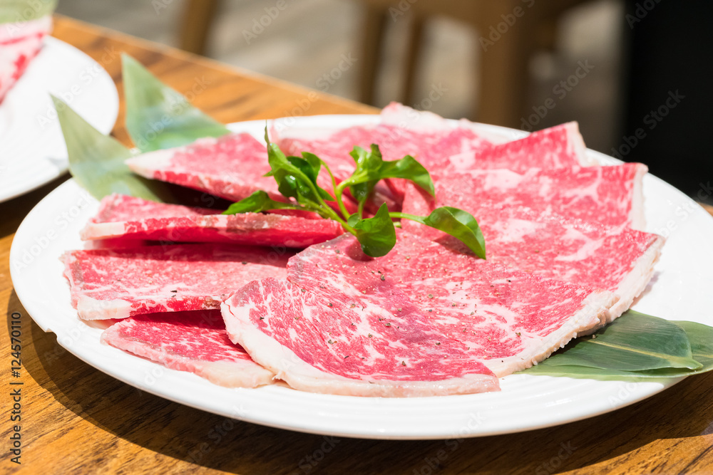 Raw beef slice for barbecue or Japanese style yakiniku
