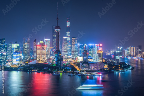 Shanghai Skyline at Night in China. © fanjianhua