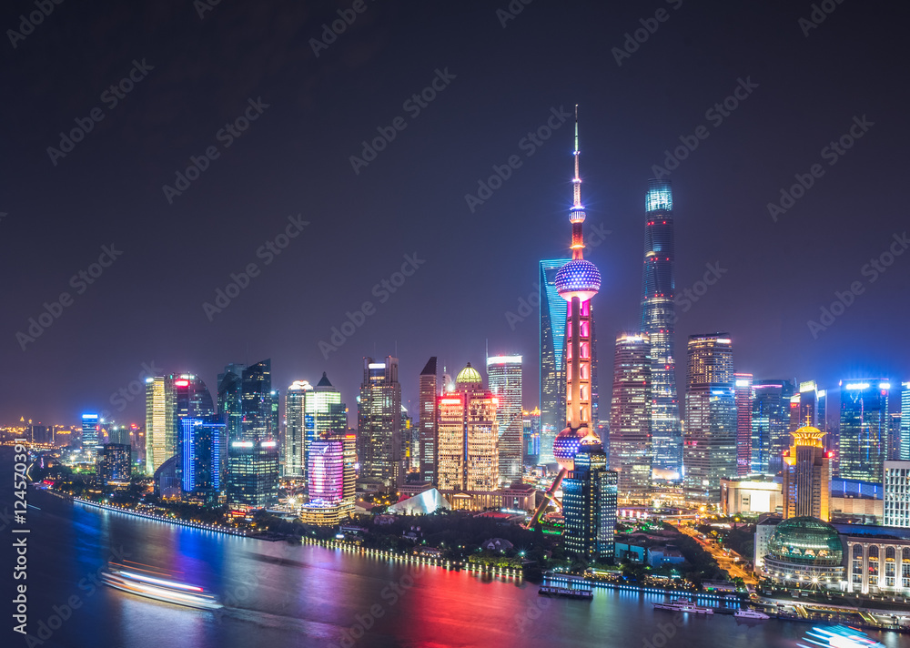 Shanghai Skyline at Night in China.