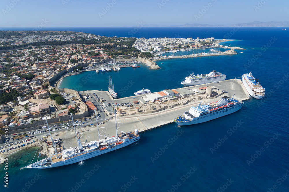 Rhodes, Greece - Aerial view of the old town and port.