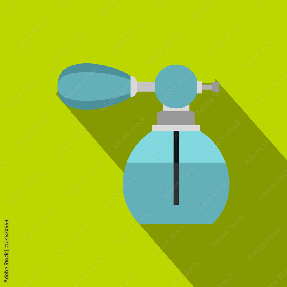 Blue perfume bottle with vaporizer icon. Flat illustration of perfume bottle vector icon for web isolated on lime background