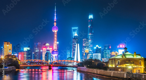 Canvas Print Shanghai Skyline at Night in China.