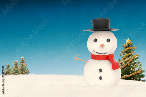 smiling snowman with blue sky background