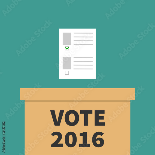 Ballot Voting box Paper blank bulletin with green mark concept. Polling station. President election day Vote 2016. background Flat design Card