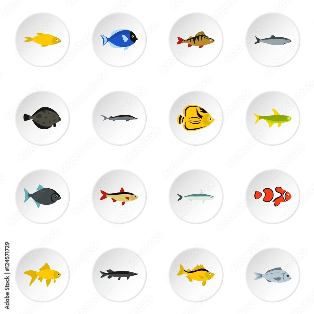 Fish icons set. Flat illustration of 16 fish vector icons for web