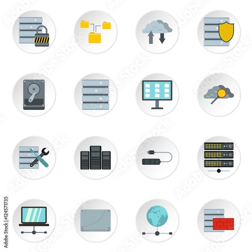 Database icons set. Flat illustration of 16 database vector icons for web