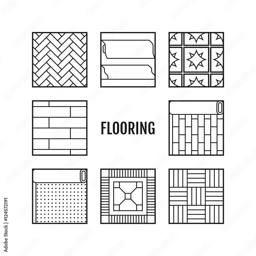 Flooring. Flat icons of laminate, parquet, carpets and other materials. - obrazy, fototapety, plakaty 