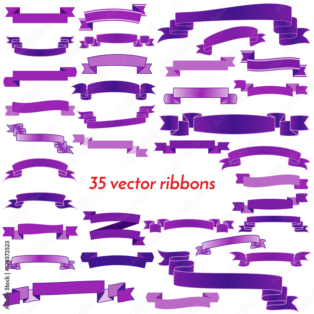 Set of  Thirty Five Violet Empty Ribbons And Banners. Ready for Your Text or Design. Isolated vector illustration.

