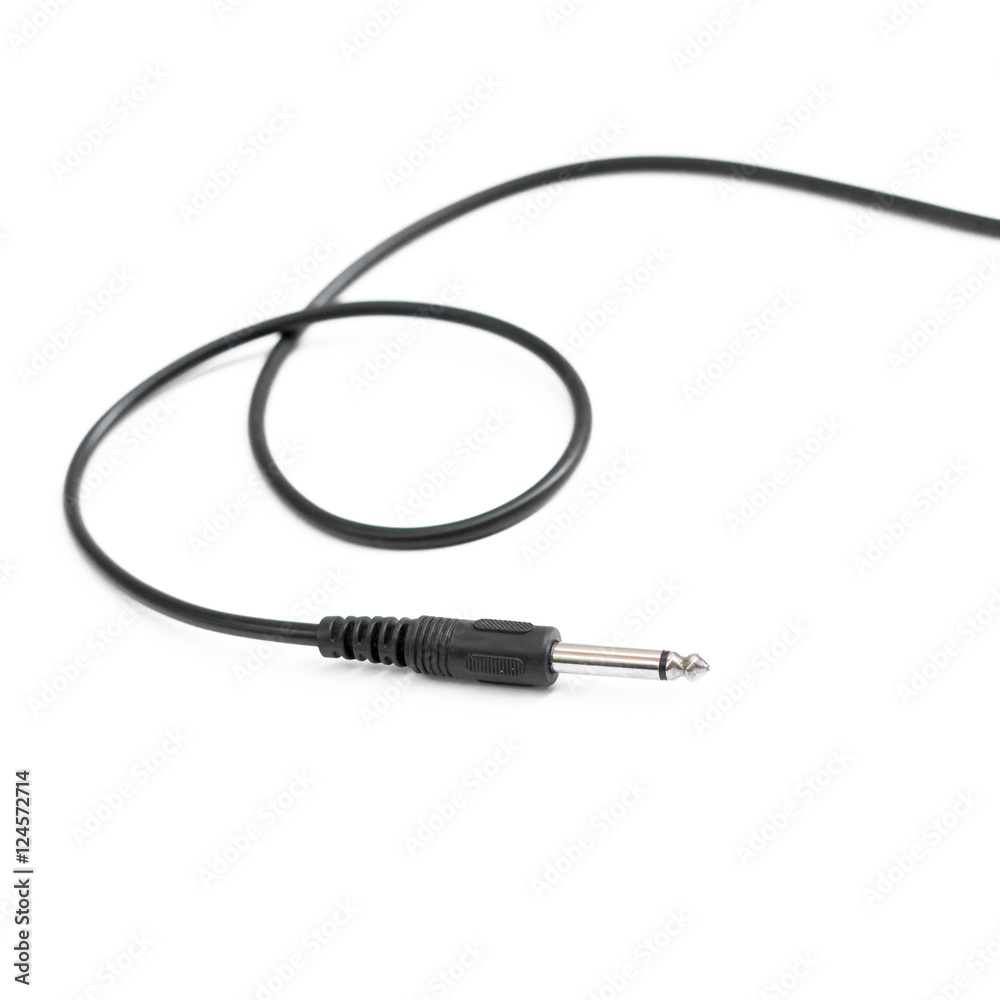 Guitar audio jack with black cable isolated on white background. Guitar audio jack with black cable isolated on white background.