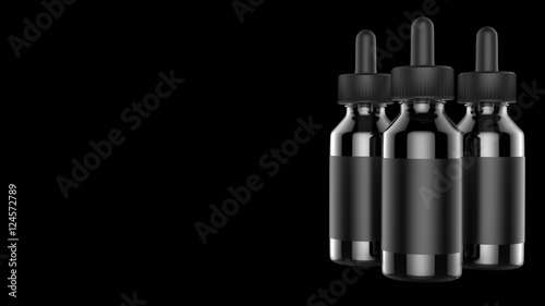 E cigarettes Liquid Bottle on black background. Vape. 3d illustration.
