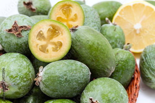 Large ripe and green colour fruit feijoa. The organic healthy product for gourmet