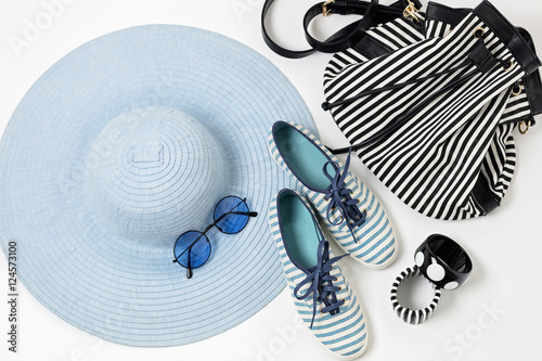 Fashion accessories in blue colors - hat, shoes and bag, bracele