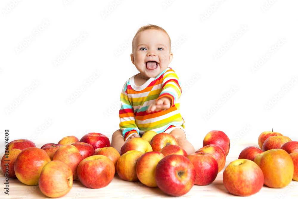 Happy baby with apple isolated on white
Happy baby with apple isolated on white