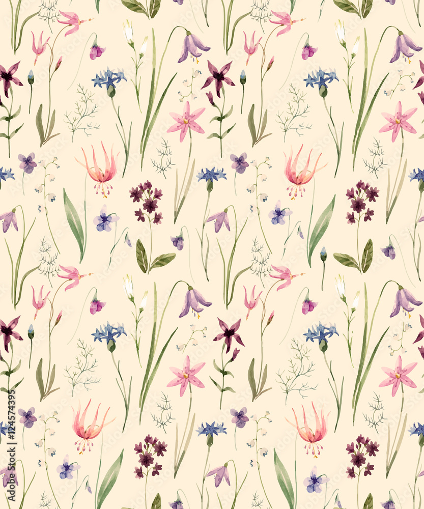 Fototapeta Watercolor wild flowers pattern