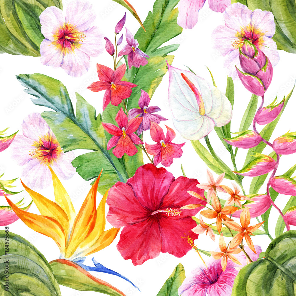 Fototapeta premium Watercolor tropical floral pattern