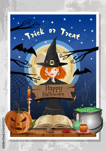 Happy Halloween night party banner with funny cute girl in witch costume on background of night forest and the full moon. Halloween design template. Cartoon vector illustration