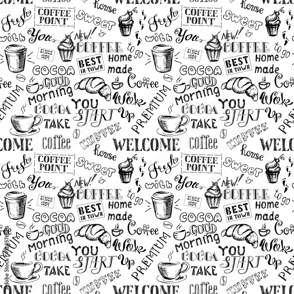 Coffee seamless pattern with lettering,hand drawn Coffee seamless pattern with lettering,hand drawn