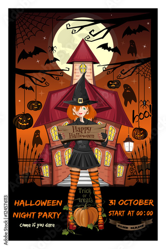 Halloween design. Invitation to a Halloween night party. Cute girl on the background of a haunted house. Vector illustration