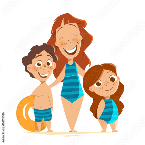 Happy mother with her kids on summer vacation